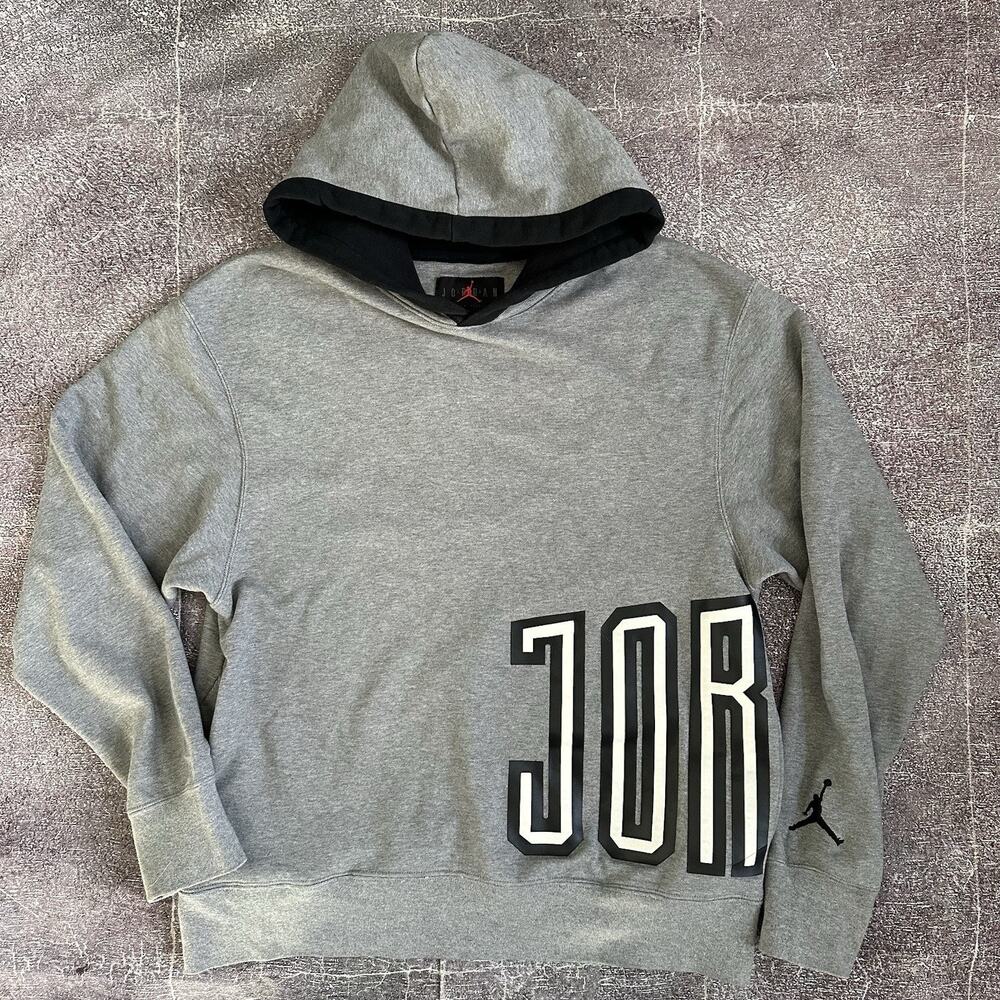 Men's Nike Air Jordan Heather Gray Black Spell Out DNA Hoodie Sweatshirt Sz M